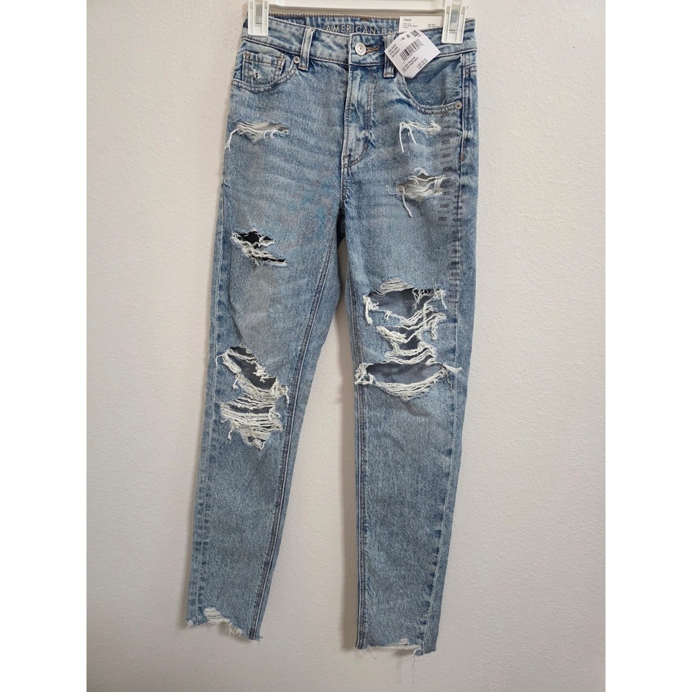 American Eagle Mom Jeans 000 23W Light Bleach Distressed Super High Rise NEW